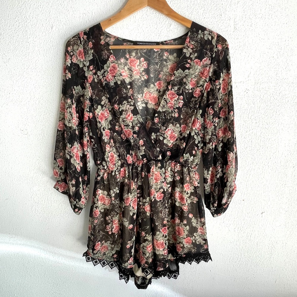 Foreign Exchange Romper M Sheer Lace Floral Babydoll Whimsigoth Romantic Fairy